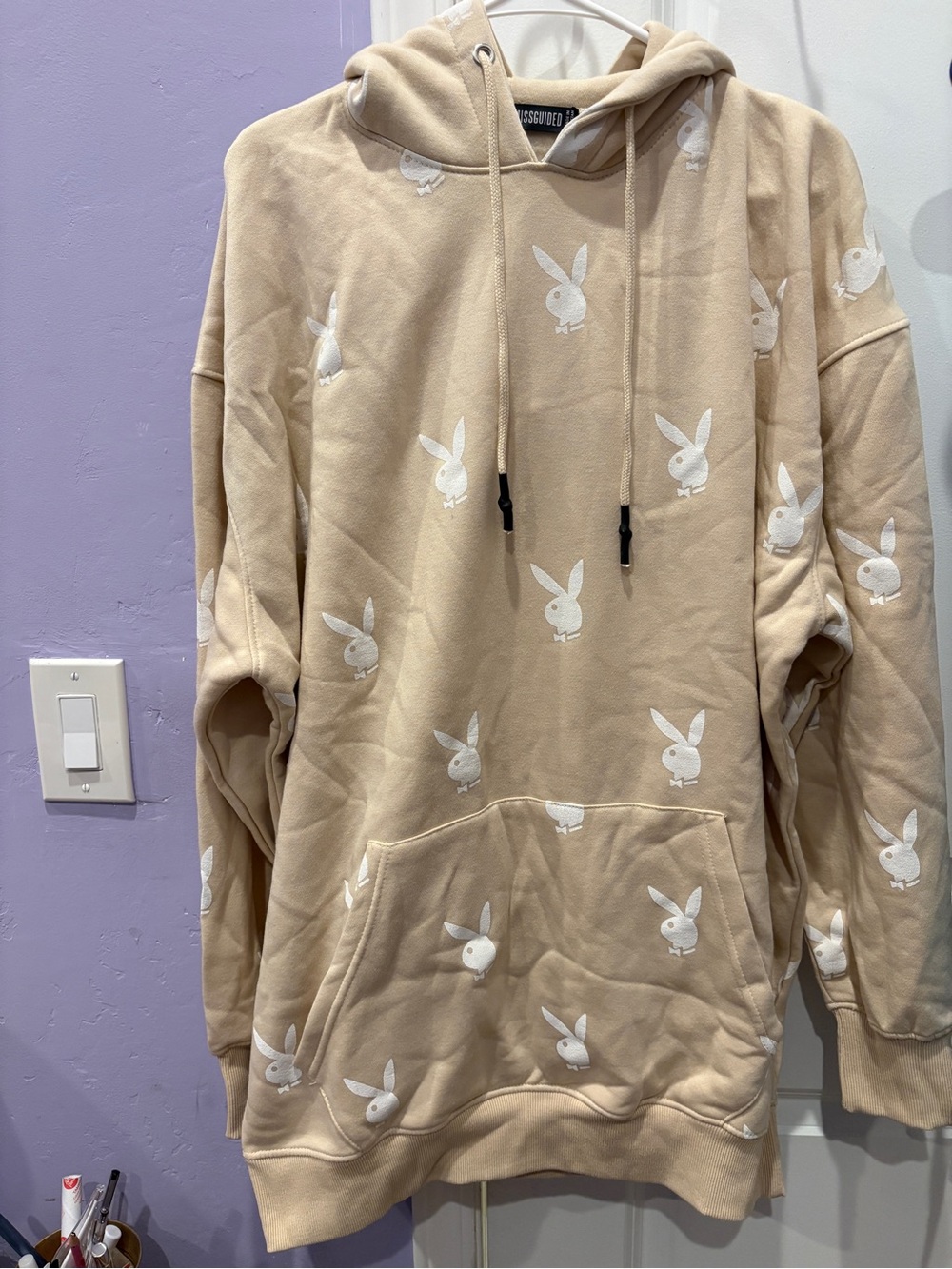 PLAYBOY Beige Hoodie Dress with White Bunny Print